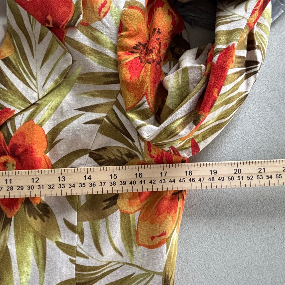 Le Suit Womens 6 Tropical Floral Linen Blend Blazer Orange Green Hibiscus Jacket - Picture 7 of 10